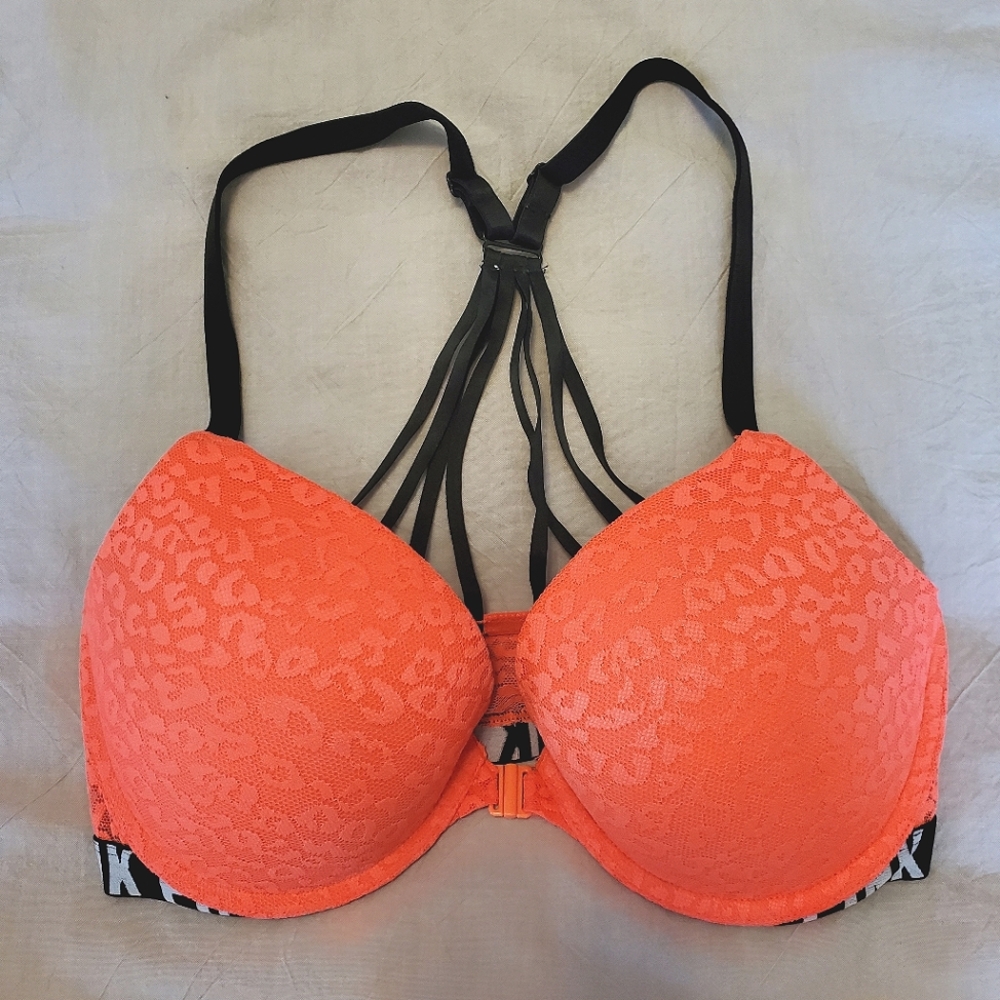 PINK Victoria's Secret Coral and Black Razorback Push-Up Bra